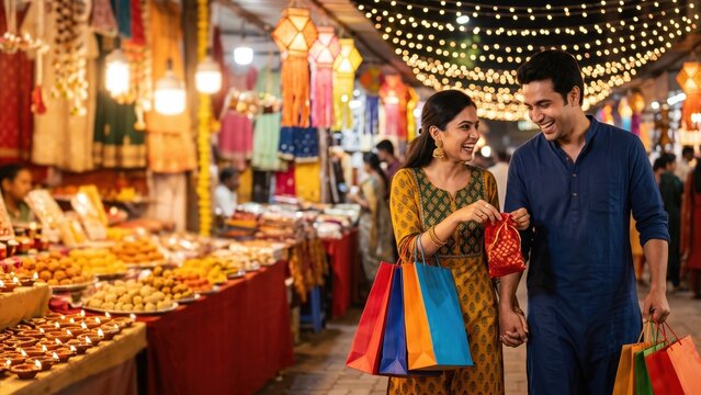 Diwali Shopping Couple &ndash; Indian Market Celebration and Festive Retail.