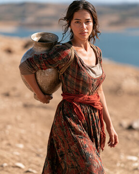 Woman carries heavy amphora of drinking water across arid terrain. Drought, shortage of drinking water, exploitation of women concept. Lifestyle portrait for poster