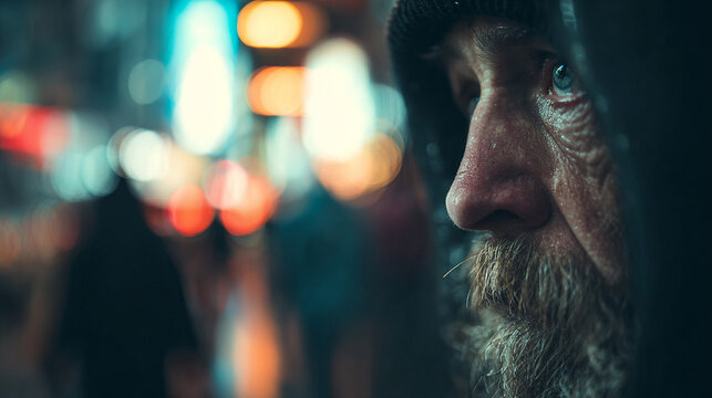 Homeless man with a wet beard looking into the distance wearing a dark hooded coat