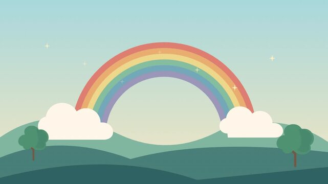 Cartoon Rainbow and Clouds over Green Hills Animation