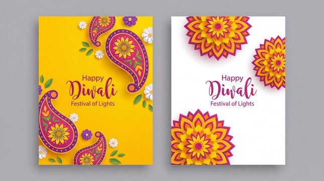 Diwali festival holiday posters with paper cut style of Indian Rangoli and flowers. Purple, violet colors on white and yellow background. Vector ... See More