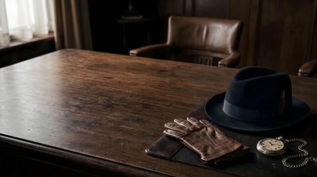 Vintage gangster accessories on a dark wooden office desk