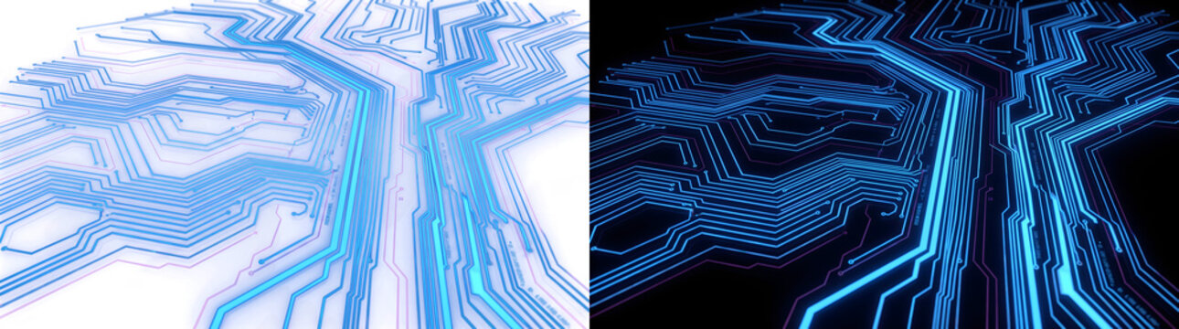 Circuit board pattern with glowing blue and pink technology lines forming a complex network for design use in PNG, Transparent and Black Background Versions