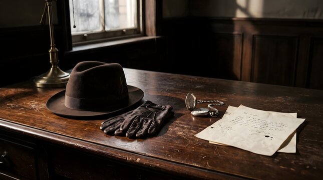 Vintage gangster accessories on a dark wooden desk