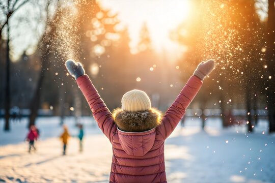 Young girl throwing snow in the air at sunny winter day, back view