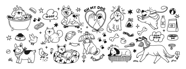Obraz premium Cute dogs. Doodle pet character. Funky doggies of different breeds walking, playing, sitting. Outline animal toy, accessories, treats. Pet friendly store. Vector set