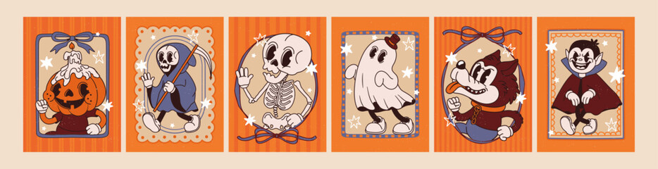 Fototapeta na wymiar Halloween poster. Vintage spooky character. Retro groovy frame with funky vampire, werewolf, skeleton, pumpkin, ghost, death. Autumn holiday background. Vector set