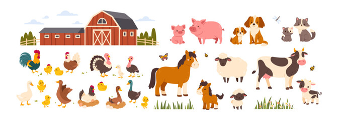 Fototapeta premium Farm animals. Cute domestic animal. Adorable countryside characters, rural fauna. Horse, pig, cow, sheep, dog, cat, bird, chicken, duck, hen. Kid vector set