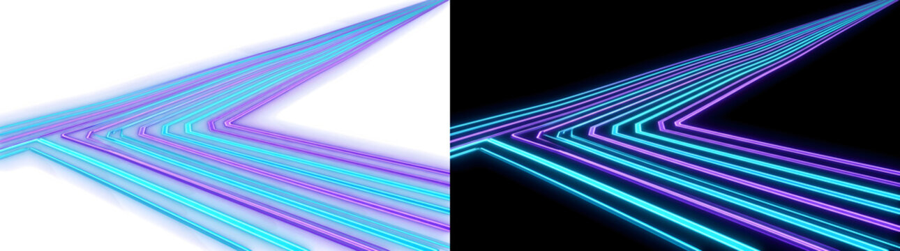 Light trail cyan purple neon chevron lines bending sharply for digital use PNG, Transparent and Black Background Versions for commercial graphic design use