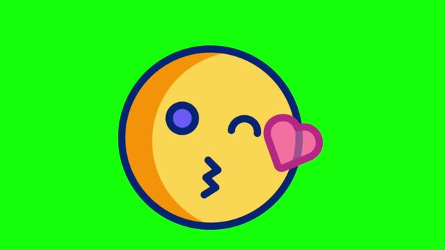 Winking kissing face emoji animation with heart on green screen chroma key background for video editing
