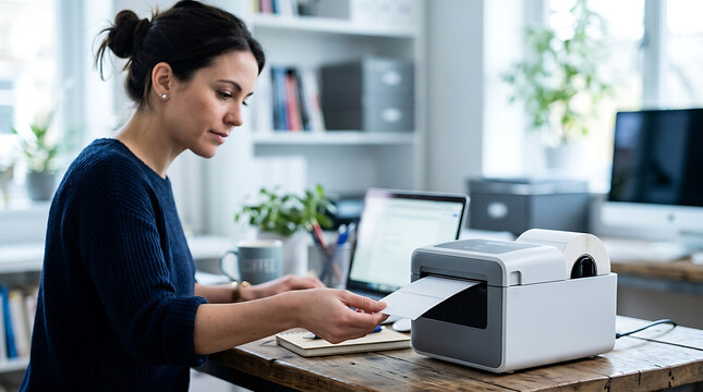 Focused woman printing blank labels on a compact desktop thermal printer at her home office desk.
