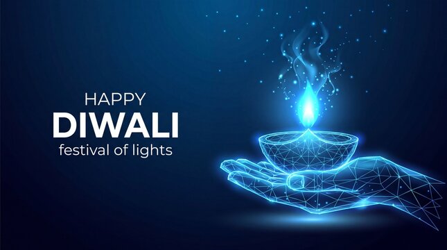 Abstract low poly giving hand with Diwali lamp