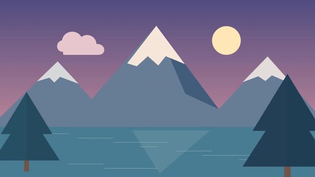Flat Vector Mountain Landscape with Lake and Pine Trees Animation