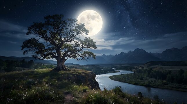 A large, ancient oak tree standing on a cliff edge overlooking a winding river under a bright full moon in a starry night sky with mountains