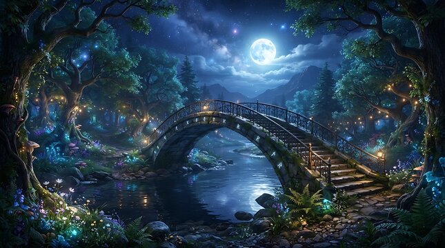 A stone bridge over a calm river in a magical forest at night, illuminated by glowing blue plants and a large full moon in the starry sky above