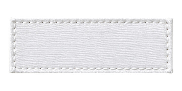 Blank white fabric clothing label with stitches, empty textile tag mockup isolated. PNG