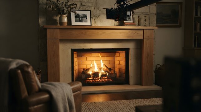 A warm fireplace crackles with joy. A cozy armchair awaits by the fire.