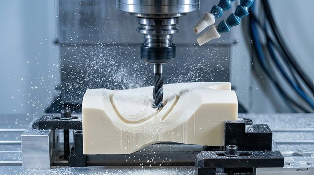 CNC milling machine cutting plastic material in workshop