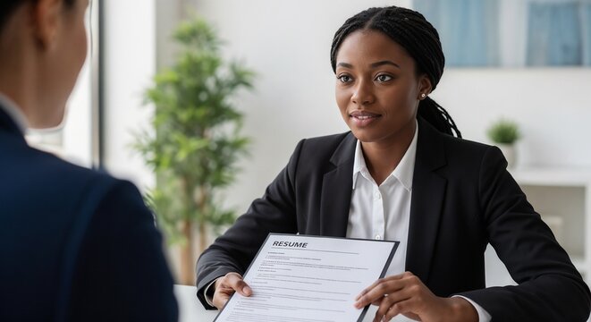 Black woman job candidate presenting resume during interview with employer in modern office. Job candidate shows skills and qualifications in formal attire,