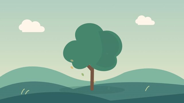 Minimalist Tree Swaying on Green Rolling Hills Animation