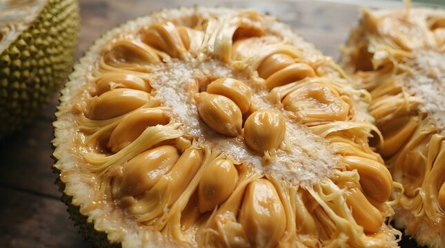 A halved jackfruit reveals its vibrant yellow-orange interior pods. Many seeds are visible within the sticky flesh.