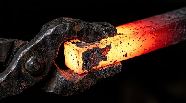 hot metal being forged with tongs in a blacksmith workshop