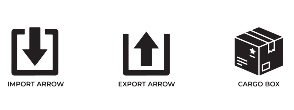 Simple logistics icon set including import and export arrows with cargo box
