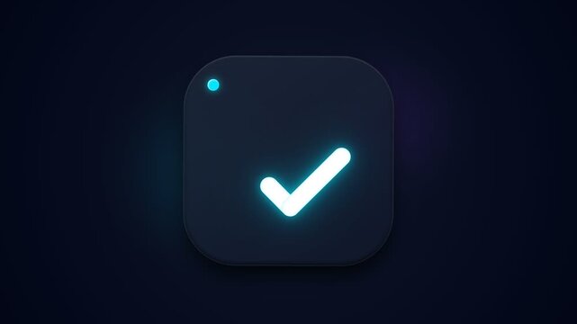 Glowing checkmark icon on dark rounded square button with neon light effect