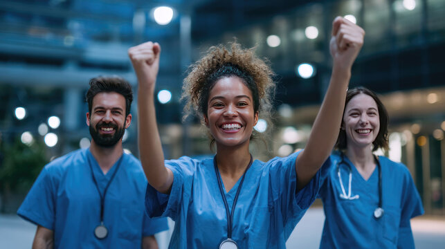 Three joyful medical workers in scrubs celebrate with raised fists against a modern backdrop
