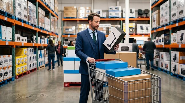 Businessman in suit shopping for electronics in a warehouse store with a cart