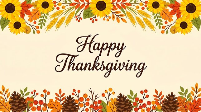 Happy thanksgiving text vector illustration with autumn floral border of yellow sunflowers pinecones dry leaves and red berries on light background