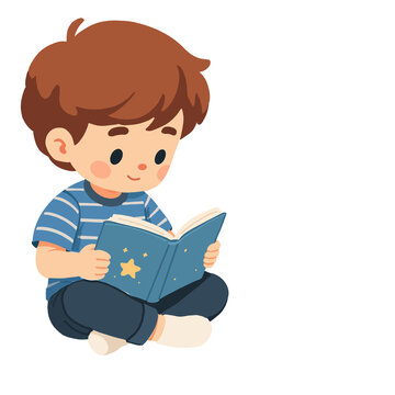 Cute Boy Reading a Book Sitting on the Floor