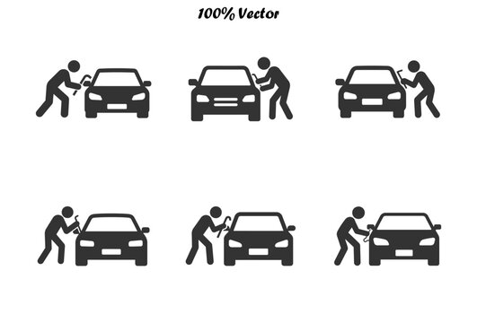 Car theft icon set showing thief breaking into vehicle with tools.