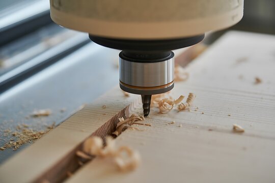 CNC milling tool carves wooden plank producing fine sawdust.