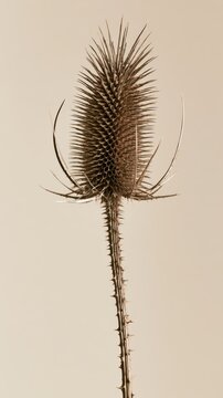 Single dried teasel head (different from prev. list), large scale complex geometric spiky structure, sepia-toned brown color, minimalist background.