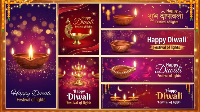 Diwali or Deepavali diya lamp vector banners of Indian light festival and Hindu religion holiday greeting cards. Deepawali oil lamps, decorated with rangoli pattern, paisley flowers and bokeh ... See 