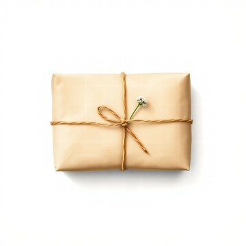 Minimalist wrapped gift box with twine and small flower