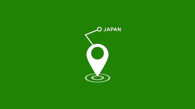 Animated japan location map pin with pulsing radar effect on green screen background, for easy chroma, key compositing in, travel, tourism, business, and geographic navigation, digital projects