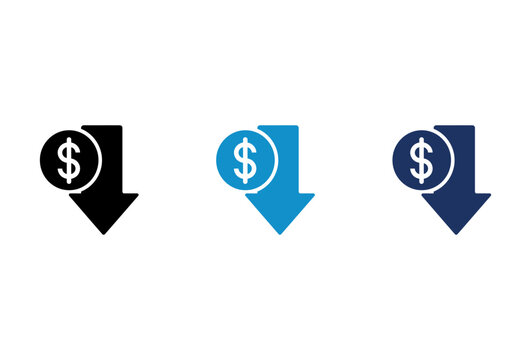 Financial crisis icon set showing dollar coin with downward arrow representing price drop and inflation.