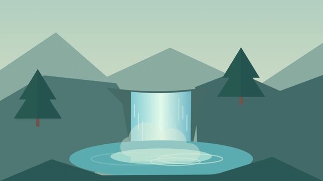 Vector Flat Animation of Mountain Waterfall and Forest Landscape