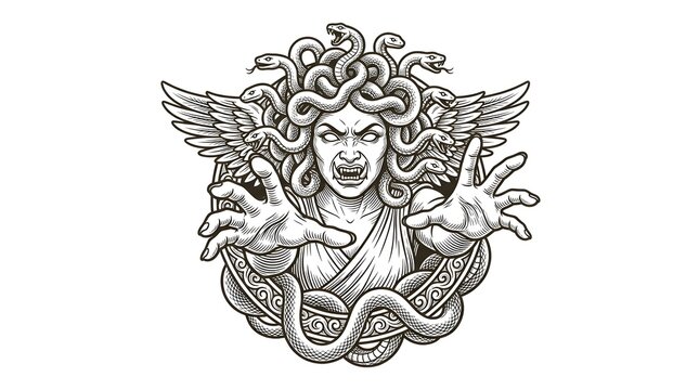 Mythical Gorgon Medusa with Serpentine Hair and Wings.