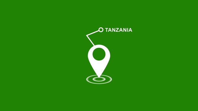 Animated map pointer marking tanzania on a solid green screen background, for easy chroma, key compositing and, travel, logistics, or, global business presentation, motion use