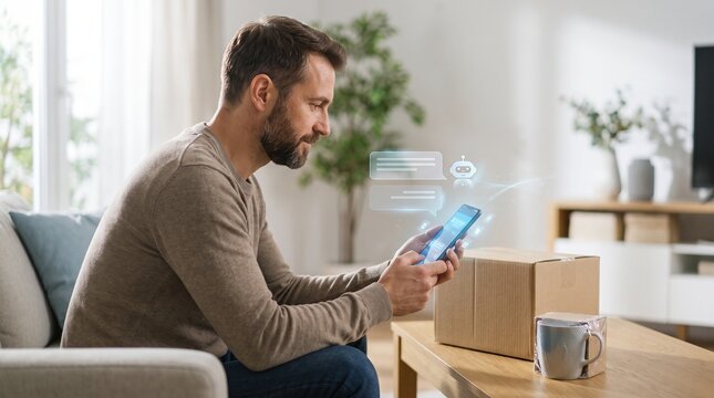 Man using smartphone with ai chatbot interface at home on transparent background