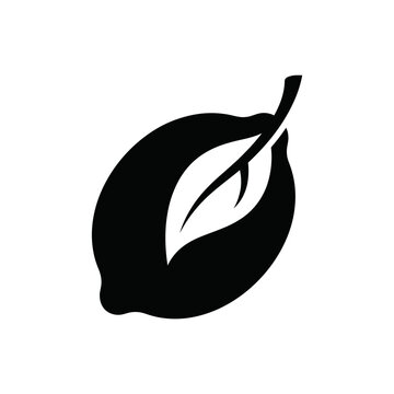Minimalist black lemon silhouette icon with a leaf isolated on white background