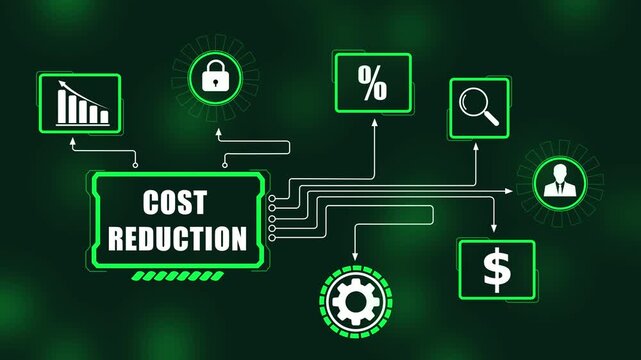 Advanced digital infographic display featuring cost reduction strategy with animated business financial growth charts, security locks, and efficiency gears in a modern corporate technology interface