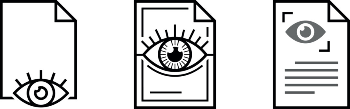 Set of black and white document and eye scanner vector icons for data security and preview concepts