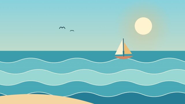 Sailboat Sailing on Ocean Waves Flat Vector Motion Graphic