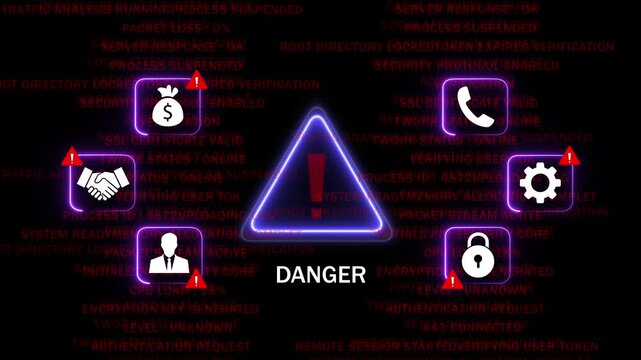 Cybersecurity threat alert warning animation featuring neon danger triangle and digital data breach system security for network protection, online fraud prevention, and information privacy concepts