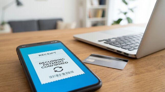 Smartphone displaying a recurring payment receipt on a wooden desk on transparent background