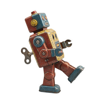 Vintage wind up robot toy with colorful retro design